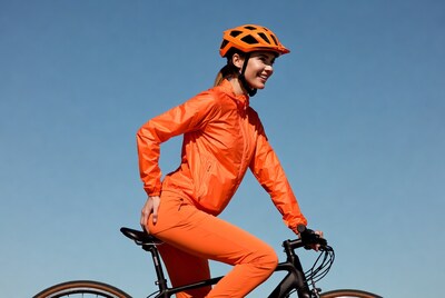 Woman cycling in orange helmet and gear