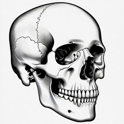 Detailed black ink human skull