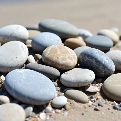 Colorful pebbles on sandy beach