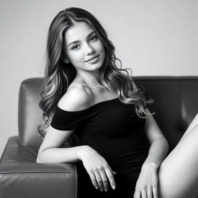 Beautiful woman on leather sofa