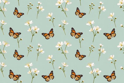 Monarch Butterflies and White Flowers Pattern