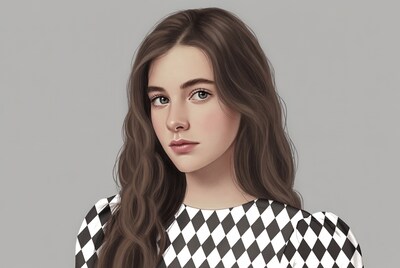 Girl with long brown hair in harlequin top