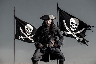 Pirate man with Jolly Roger flags
