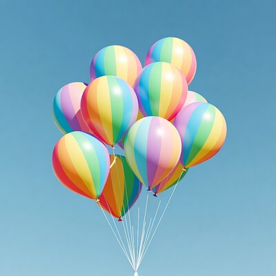 Colorful Striped Balloons Against Blue Sky