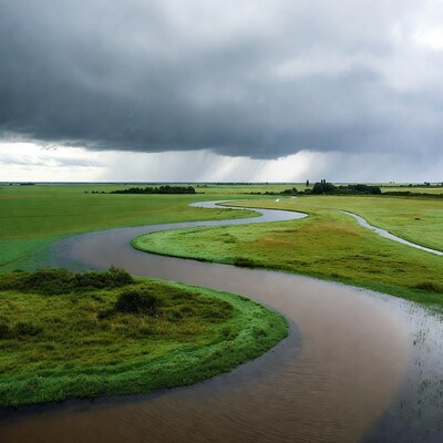 Meandering River in Green Fields Under Storm Clouds