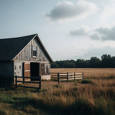 Old wooden barn in golden field