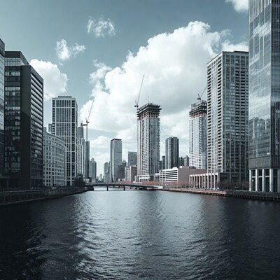 Modern Skyscrapers Over Urban River