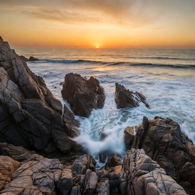 Sunset over rocky ocean waves