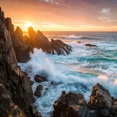 Sunset over rocky coastline waves