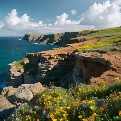 Cliff Edge with Ocean and Wildflowers