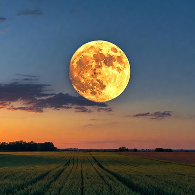 Golden Full Moon over Wheat Field