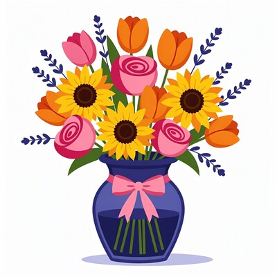 Colorful Flower Bouquet in Blue Vase