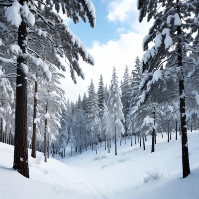 Snowy Pine Forest with Blue Sky
