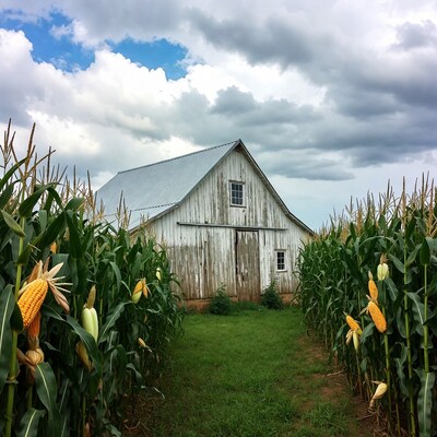 White Barn in Cornfield Path