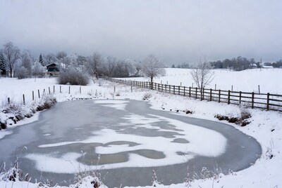 Frozen Pond in Snowy Winter Landscape