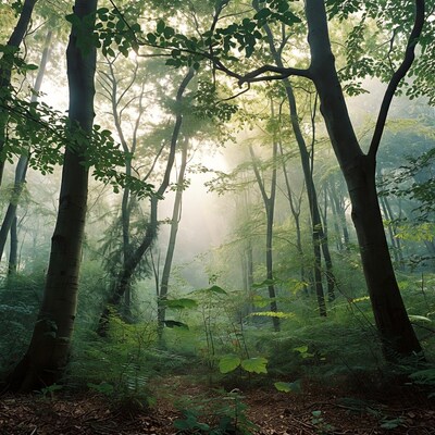 Sunlit Misty Forest Path