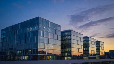 Glass Office Buildings at Sunset