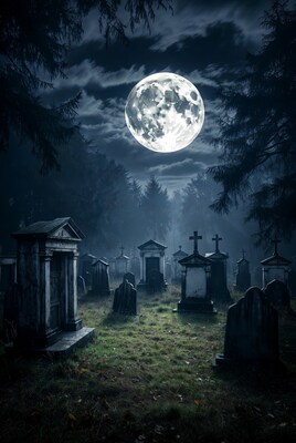 Full Moon Over Foggy Cemetery