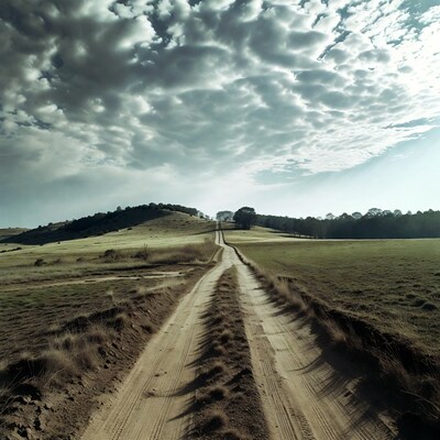 Dirt road through green fields under clouds