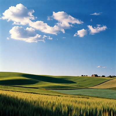 Rolling Green Fields Under Blue Sky