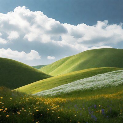 Rolling Green Hills with Wildflowers