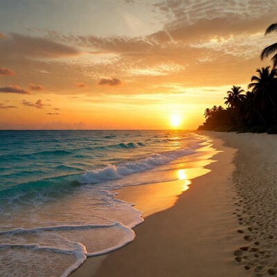 Tropical Beach Sunset with Palm Trees