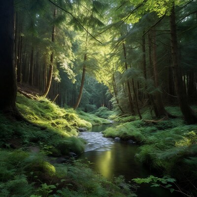 Sunlit Forest Stream with Towering Trees
