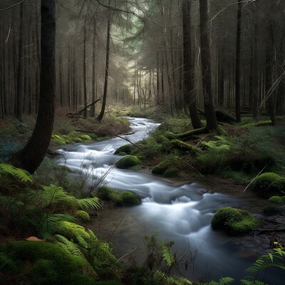 Forest Stream Flowing Through Mossy Trees