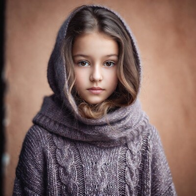 Girl in hooded knit sweater