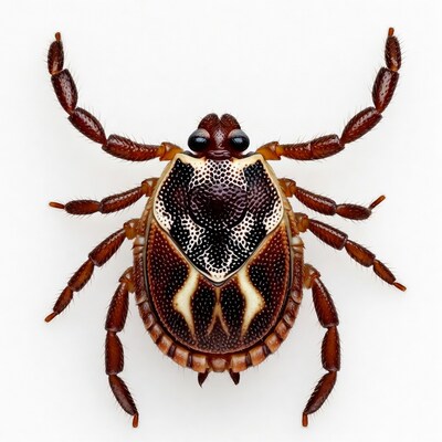 Red-brown spider with white pattern