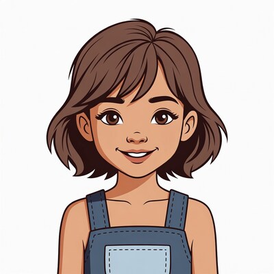 Smiling Asian girl in denim overalls