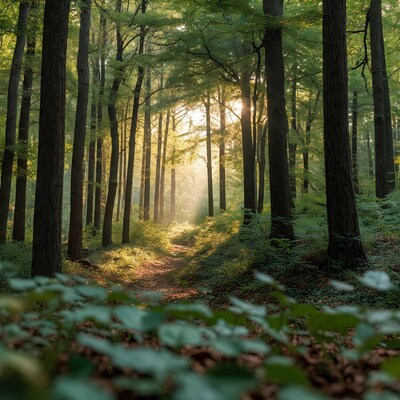 Sunlit Forest Path Through Tall Trees