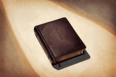Leather Bible with Cross on Parchment