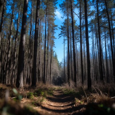 Pine Forest Path Under Blue Sky
