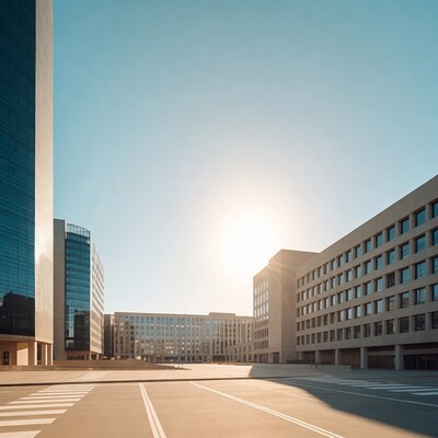 Modern skyscrapers and empty parking lot