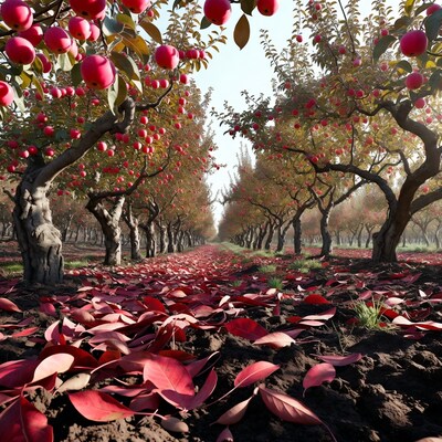 Red Apples on Trees in Orchard Path