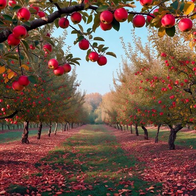 Red Apples in Autumn Orchard Path