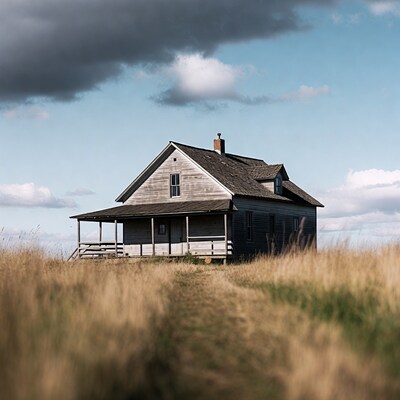 Abandoned farmhouse in tall grass