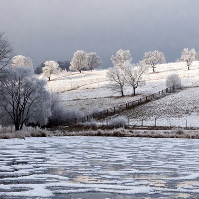 Frosty Trees and Icy Pond Landscape