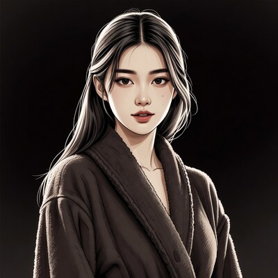 Asian woman in black bathrobe
