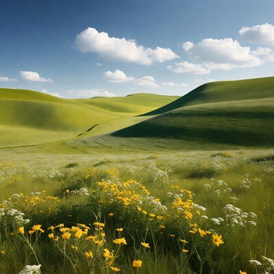 Rolling Green Hills with Yellow Flowers