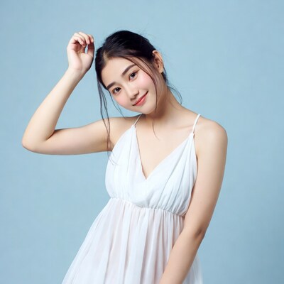 Asian woman posing in white dress