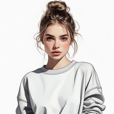 Woman with messy bun in white hoodie