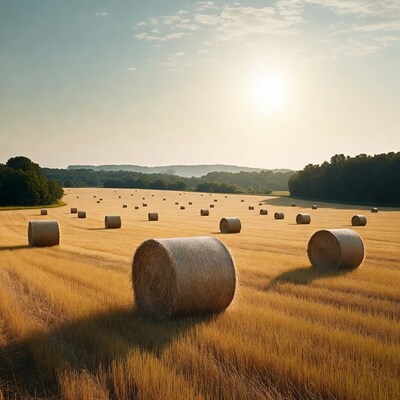 Hay bales in golden field at sunset