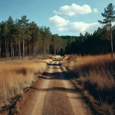 Dirt road through pine forest
