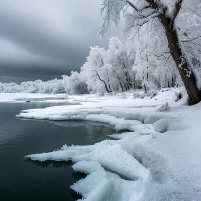Snowy Trees by Icy River Shore