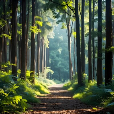 Sunlit Forest Path Through Tall Trees