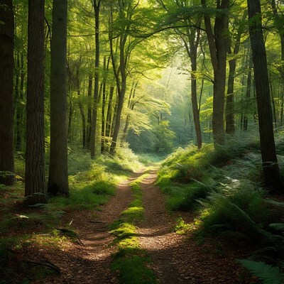 Sunlit Forest Path with Moss