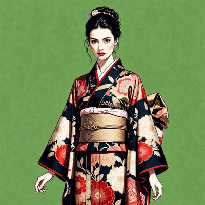 Asian woman in floral kimono