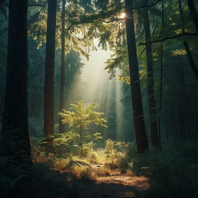 Sunbeams through tall forest trees